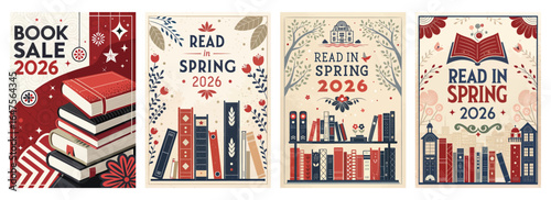 Colorful book sale posters featuring books and spring themes, perfect for promoting reading in 2026.