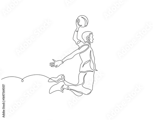 Basketball dunk continuous line. Continuous one line drawing of basketball player jumps high to score with slam dunk. Basketball man action concept. Single line drawing
