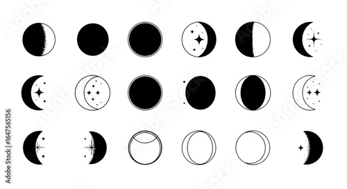 Mystical lunar phases collection for astrology lovers and celestial designs, witchcraft and moon energy concepts
