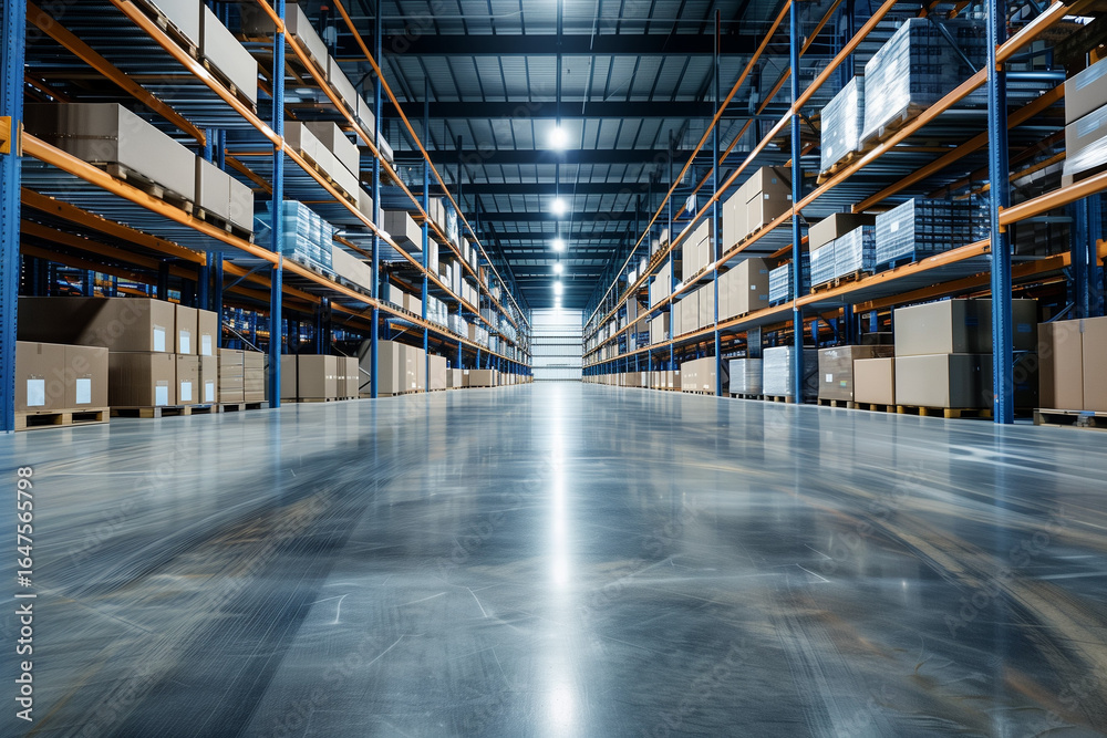 Fototapeta premium Spacious modern warehouse with organized pallets and bright lighting.