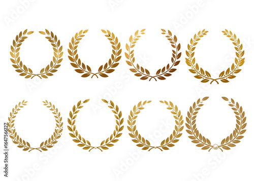 Set of golden foil laurel wreaths, a collection of circular award emblems for victory, anniversary, and achievement certificates.