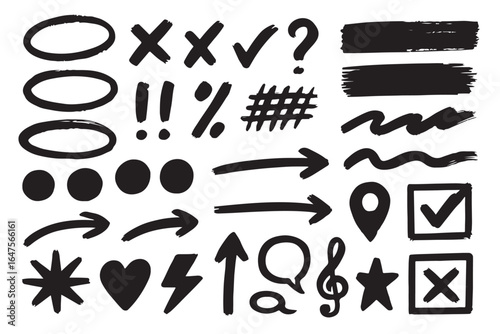 Thick brushstroke doodle collection with ovals and cross elements