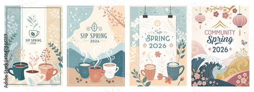 Charming spring-themed illustrated posters featuring coffee cups and floral designs celebrating community and springtime.