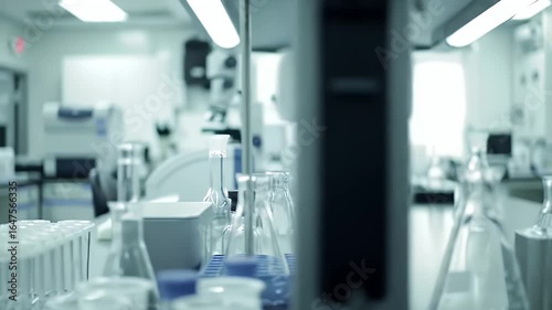 A cool, clean laboratory setup shows beakers and microscopes on a bench, bathed in soft, bright, sterile-looking light