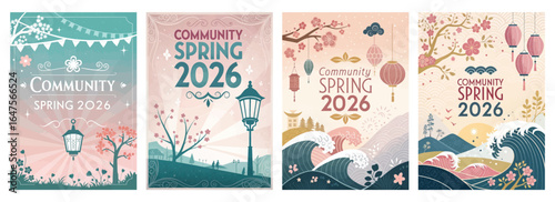 Colorful community spring 2026-themed illustrations showcasing nature, lanterns, and water waves.