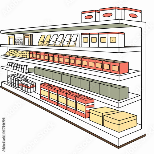 A colorful illustration of a retail store shelf filled with various packaged goods and boxes