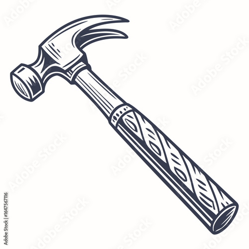 Classic claw hammer with decorative handle in a stylized line art illustration