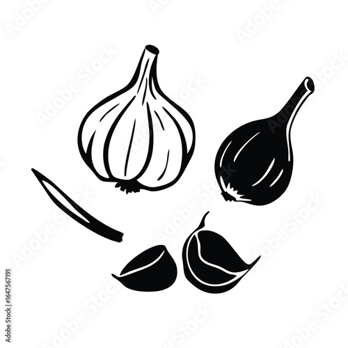 Garlic Woodcut Vector Set - Minimalist Spice & Vegetable Illustrations