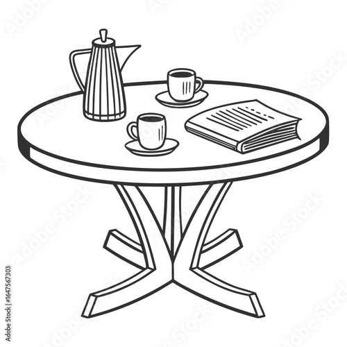 Cozy coffee break with a book and a pot of coffee on a round table