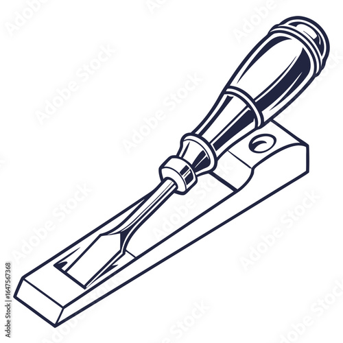 Detailed isometric illustration of a woodworking chisel and sharpening stone