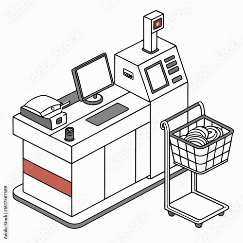 Modern self checkout station with shopping cart and products ready for purchase