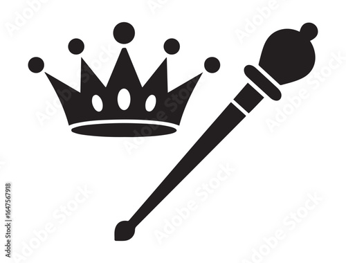 Crown and scepter. Vector black silhouette. with white background