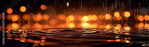 Ripples of rain on a dark night, illuminated by warm orange lights