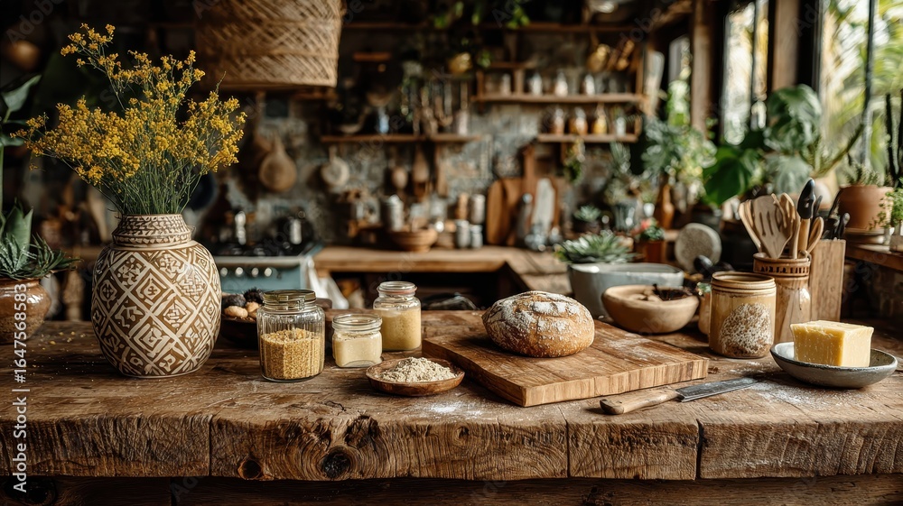 Fototapeta premium Rustic Kitchen Scene with Bread and Jars of Natural Ingredients