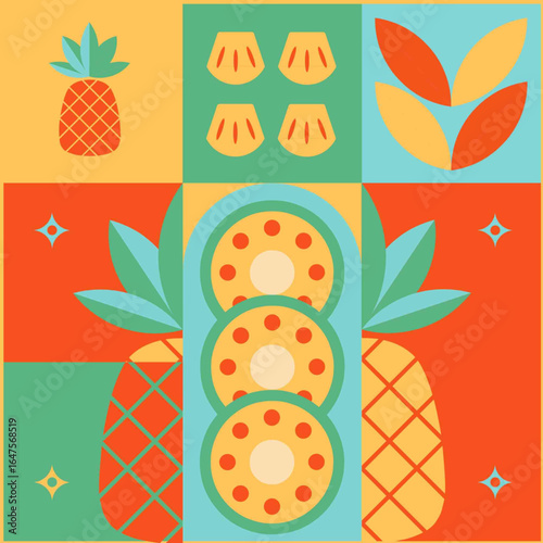Colorful geometric illustration featuring pineapples, pineapple slices, and decorative shapes in a retro tropical style with bold, contrasting colors.