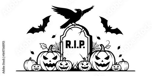 Halloween Tombstone Vector Graphics Crow Bat Pumpkin RIP Designs

