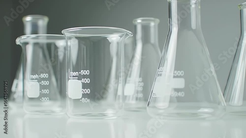 Labware array assortment of clear graduated beakers and flasks sit on a white surface against a gray background