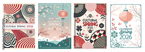 Colorful cultural Spring festival designs featuring floral elements and lanterns, celebrating the season.