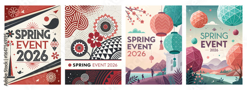Colorful spring event posters showcasing floral designs and lanterns in a vibrant artistic style.