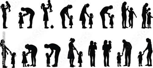 Parent and child silhouette set, family bonding vector, emotional interaction icons, caregiving poses, black design, nurturing relationship graphics