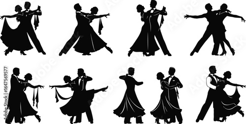 Ballroom dance couple silhouettes, elegant poses, formal attire, graceful movement, romantic dancing, black figures, dance illustration, choreography design