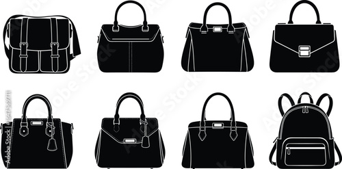 Handbag silhouette icon set, fashion accessory vector, purse and backpack shapes, stylish bag graphic collection, black design elements