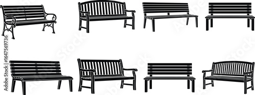 Bench silhouettes, outdoor furniture, park bench designs, seating shapes, slatted and solid styles, black outline, furniture variety, public seating