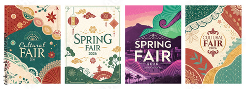Colorful cultural fair posters showcasing vibrant designs for a spring festival theme.