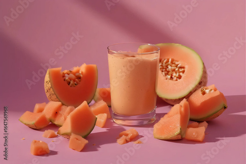 Fresh Melon Smoothie with Sliced Melon on Pink Background