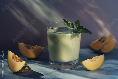Fresh Green Melon Smoothie with Mint Leaves and Sliced Melon