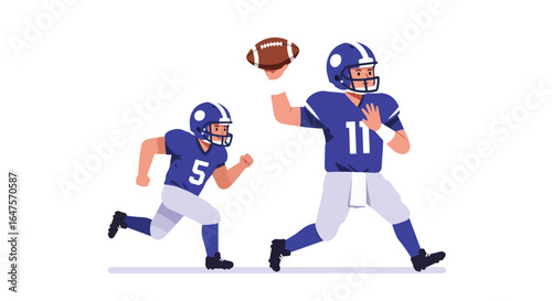 American Football Players in Action, Throwing and Running