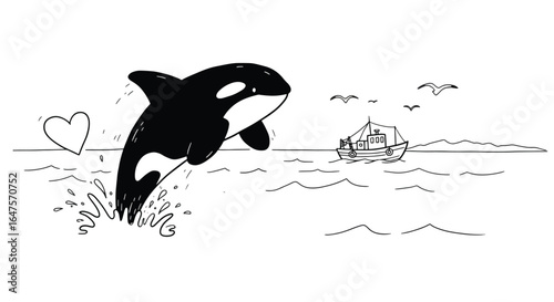 Cartoon Orca Whale Jumping in Ocean with Heart