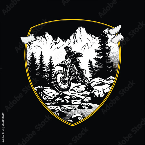 Bold badge-style logo of a white man riding a motor trail across rocky terrain with pine forest and mountain backdrop. Rugged black-white-yellow vector with dirtbike, motocross, and enduro energy.