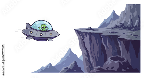 Cute Alien Flying Saucer Over Alien Planet Landscape