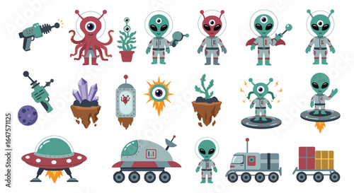 Cute Cartoon Aliens and Space Objects Collection