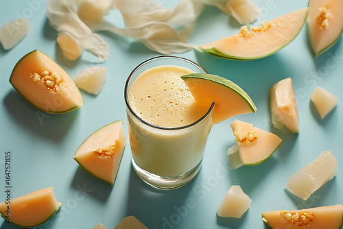 Fresh Yellow Melon Smoothie with Melon and Nata de Coco on Blue Background