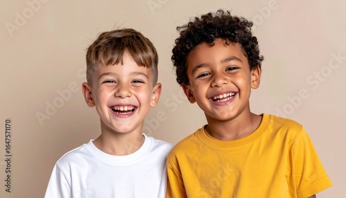 Realistic medium-shot from waist up of two funny best friends children laughing cheerfully while standing together in a studio, natural skin tones, casual clothing, joyful and playful expressions, vib