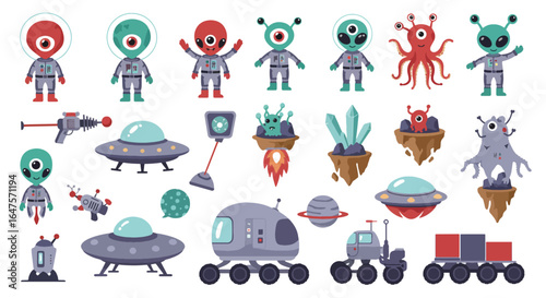 Cute Cartoon Aliens and Space Objects Collection