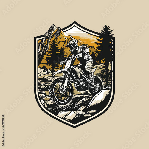 Bold badge-style logo of a white man riding a motor trail across rocky terrain with pine forest and mountain backdrop. Rugged black-white-yellow vector with dirtbike, motocross, and enduro energy.