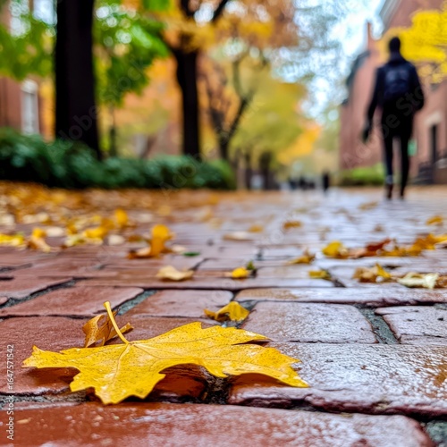 Autumn brick path with fallen leaves and blurred students