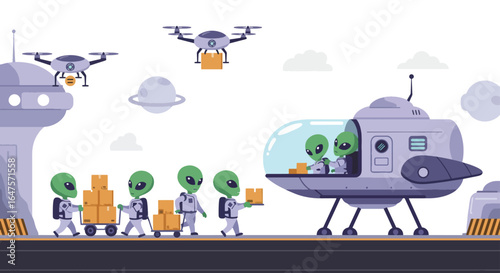 Futuristic Alien Logistics with Drone Delivery and Spaceship Loading