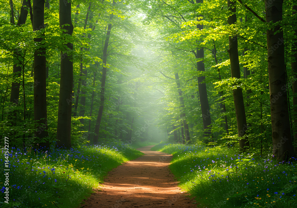 Fototapeta premium A sunlit path winds through a lush green forest, creating a serene and inviting scene.