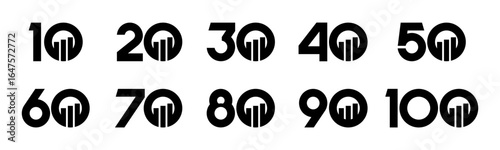 Set of collection numbers 10 to 100 with finance vector illustration. Bar chart with numbers 10, 20, 30, 40, 50, 60, 70, 80, 90, 100 for greetings, anniversary and more.	