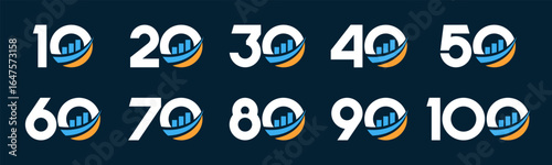 Set of collection numbers 10 to 100 with finance vector illustration. Bar chart with numbers 10, 20, 30, 40, 50, 60, 70, 80, 90, 100 for greetings, anniversary and more.	