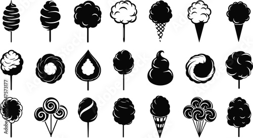 Cotton candy and ice cream icon set, sweet treat vector pack, dessert silhouette collection, swirl cone graphic, snack illustration