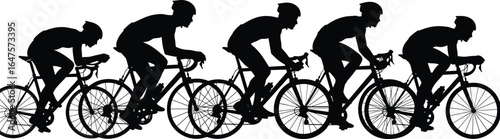 Cyclist silhouette icon set, bicycle rider vector, sports motion graphic, pedaling posture collection, black design, side view cycling