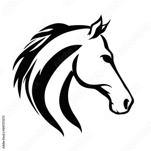 Black vector silhouette of a wild horse head with a flowing mane, perfect for a logo, tattoo, or drawing