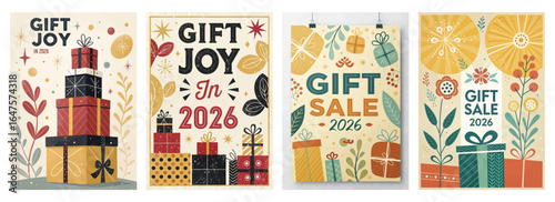 Colorful gift-themed illustrations celebrating holiday joy and sales for 2026.