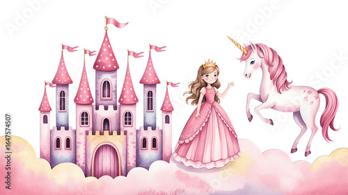Princess with unicorn and castle on cloud in watercolor style