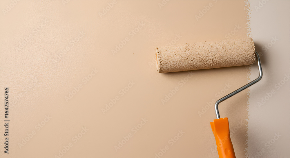 Obraz premium Paint roller applying a light beige coat to a wall, showcasing a smooth, even application process.
